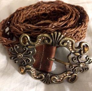 Brown braided leather belt with gemstone buckle